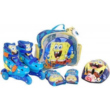 Saica Role reglabile 35-38 Sponge Bob cu protectii si casca in ghiozdan