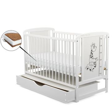 BabyNeeds Patut din lemn Timmi Girafa, cu sertar, Alb + Saltea 8 cm