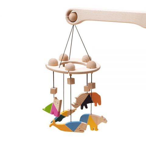 Mobbli Carusel patut bebelusi Mobile, cu 5 jucarii colorate animale, lemn, Mobbli
