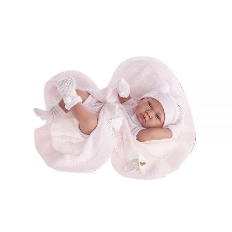 Antonio Juan Papusa bebe realist Toqui-fetita Reborn cu paturica, cu articulatii, alb-roz, corp realist anatomic,