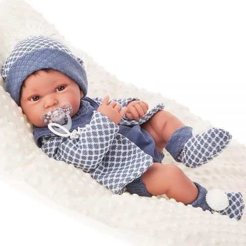 Antonio Juan Papusa bebe realist Pipo cu salteluta pufoasa, corp anatomic corect, alb-albastru,
