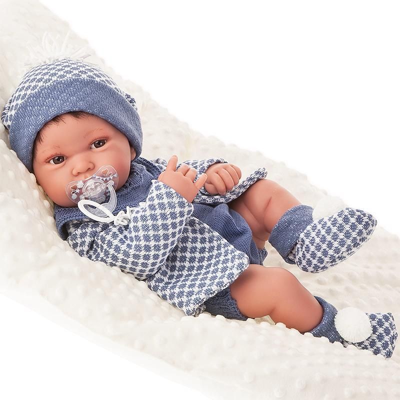 Antonio Juan Papusa bebe realist Pipo cu salteluta pufoasa, corp anatomic corect, alb-albastru, Antonio Juan Papusa bebe realist Pipo cu salteluta pufoasa, corp anatomic corect, alb-albastru,