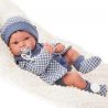 Antonio Juan Papusa bebe realist Pipo cu salteluta pufoasa, corp anatomic corect, alb-albastru,