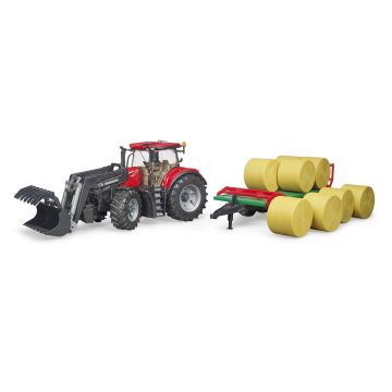 Bruder Tractor Case IH Optum 300 CVX cu incarcator frontal si remorca transport cu 8 baloti