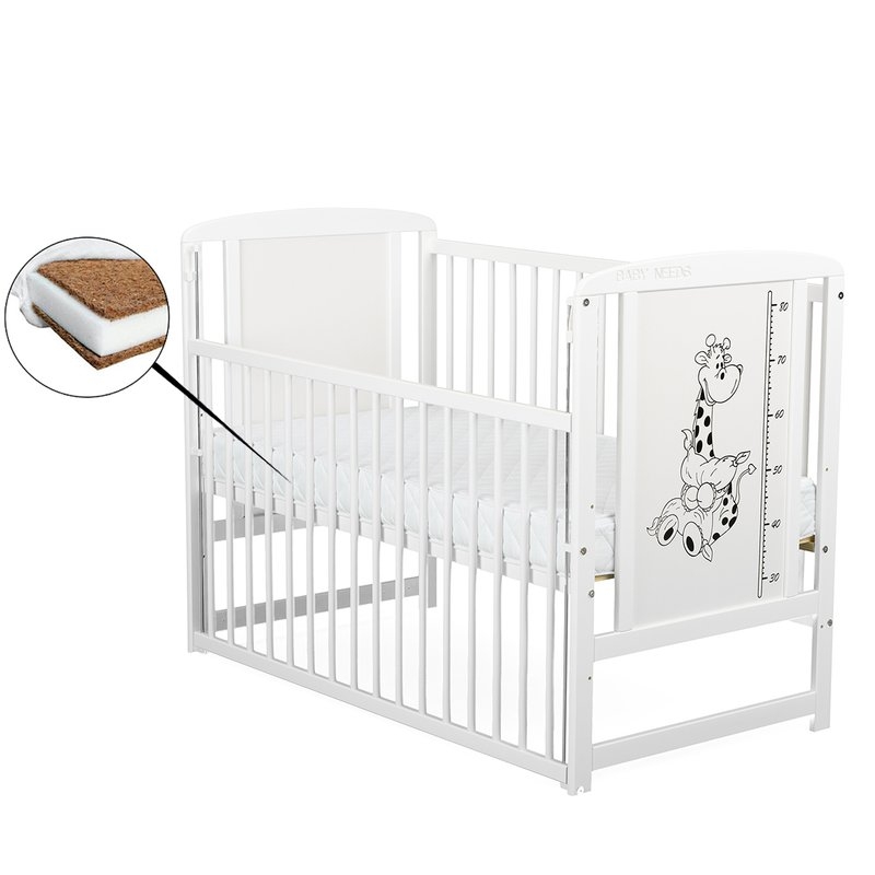 BabyNeeds Patut din lemn Timmi Girafa 120x60 cm cu laterala culisanta Alb + Saltea 10 cm