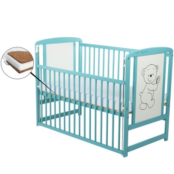 BabyNeeds Patut din lemn Timmi 120x60 cm cu laterala culisanta Mint + Saltea 10 cm