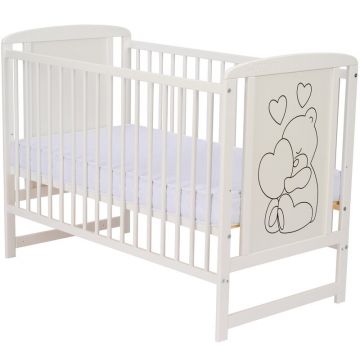 Qmini Patut din lemn Timmi Heart 120x60 cm, Din lemn de pin, MDF, Somiera reglabila, Alb