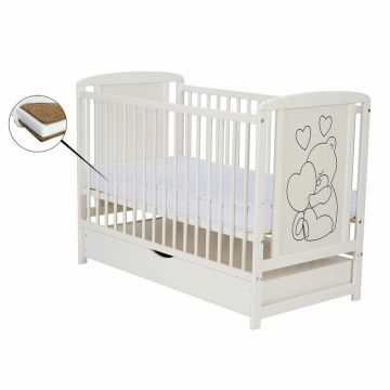 Qmini Patut din lemn Timmi Heart 120x60 cm, Cu sertar, Din lemn de pin, MDF, Somiera reglabila, Alb + Saltea 10 cm