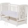 Qmini - Patut din lemn Timmi Heart 120x60 cm, Cu sertar, Din lemn de pin, MDF, Somiera reglabila, Alb + Saltea 10 cm