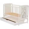 Qmini - Patut din lemn Timmi Heart 120x60 cm, Cu sertar, Din lemn de pin, MDF, Somiera reglabila, Alb + Saltea 10 cm