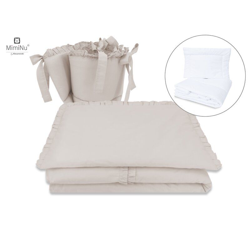 MimiNu - Set lenjerie patut 5 piese, Cu volanase, Cu pilota si perna, Din bumbac, Pentru patut 120x60 cm, Colectia Royal, Beige