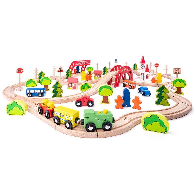 Woodyland Jucarie din lemn - Set tren cu pod si bariera (90 piese)