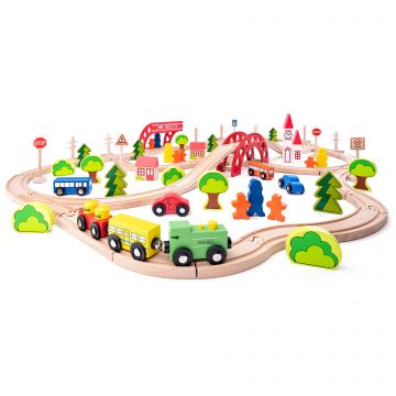 Woodyland Jucarie din lemn - Set tren cu pod si bariera (90 piese)