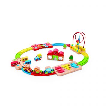 Hape Jucarie din lemn - Sina de tren curcubeu cu puzzle (30 piese)