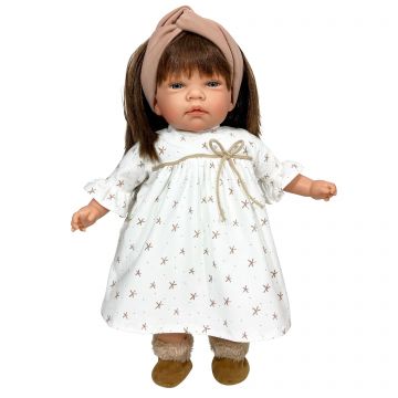 Nines D'Onil Papusa artizanala Celia - bruneta, cu miros de vanilie, rochita alba (45 cm)