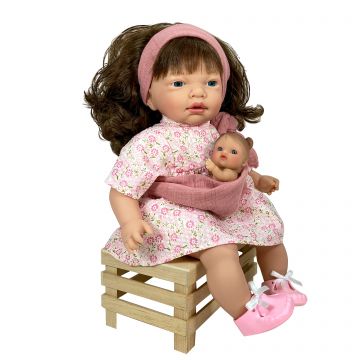 Nines D'Onil Papusa Artizanala cu miros de vanilie - Nines bruneta cu  bebelus (40 cm)