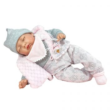 Nines D'Onil Papusa artizanala bebelus cu miros de vanilie si sunete - Snow care doarme (45 cm - ambalat in saculet elegant)
