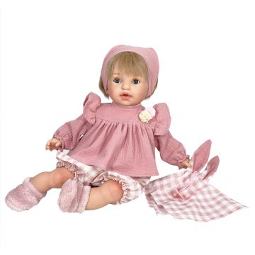 Nines D'Onil Papusa artizanala Noa Rosa, vanilie, sunete, blonda cu rochita roz (45 cm)