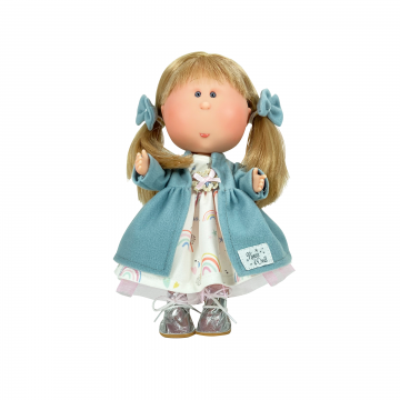 Nines D'Onil Papusa Artizanala cu miros de vanilie si articulatii - Mia cu par blond drept si funde albastre (30 cm)
