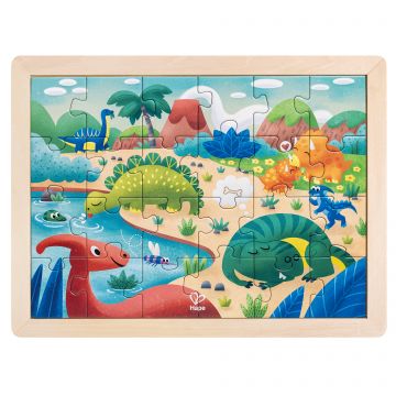 Hape Puzzle din lemn 2 in 1 - Dinozauri (26 piese), cu fata dubla si activitate colorare