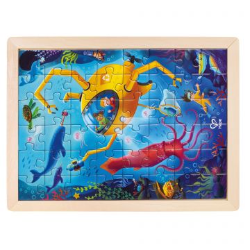 Hape Puzzle din lemn 2 in 1 - Salvarea Oceanului (50 piese), cu fata dubla si activitate colorare