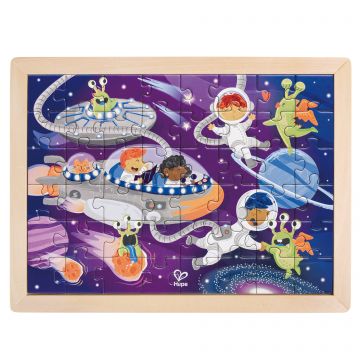 Hape Puzzle din lemn 2 in 1 - Prietenii din Spatiu (50 piese), cu fata dubla si activitate colorare