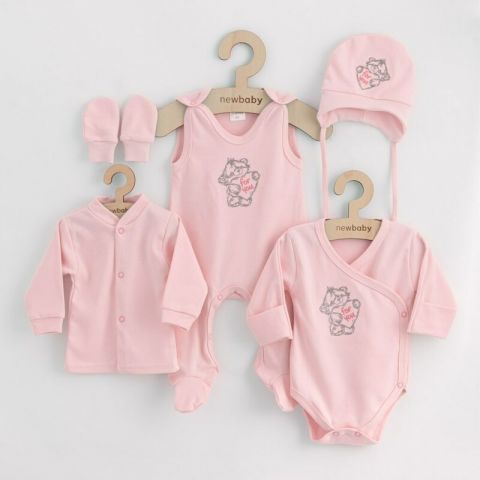 Set 5 piese, New Baby, Include Salopeta fara maneci, jacheta, body cu maneca lunga, caciulita, manusi, Marime 56, Din bumbac 100