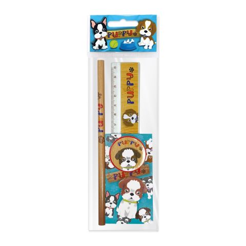 Lebez Set scolar Puppy (1 radiera, 1 ascutitoare, 1 rigla de 15 cm, 1 creion, 1 mini blocnotes)