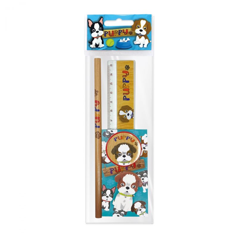 Lebez Set scolar Puppy (1 radiera, 1 ascutitoare, 1 rigla de 15 cm, 1 creion, 1 mini blocnotes) Lebez Set scolar Puppy (1 radiera, 1 ascutitoare, 1 rigla de 15 cm, 1 creion, 1 mini blocnotes)