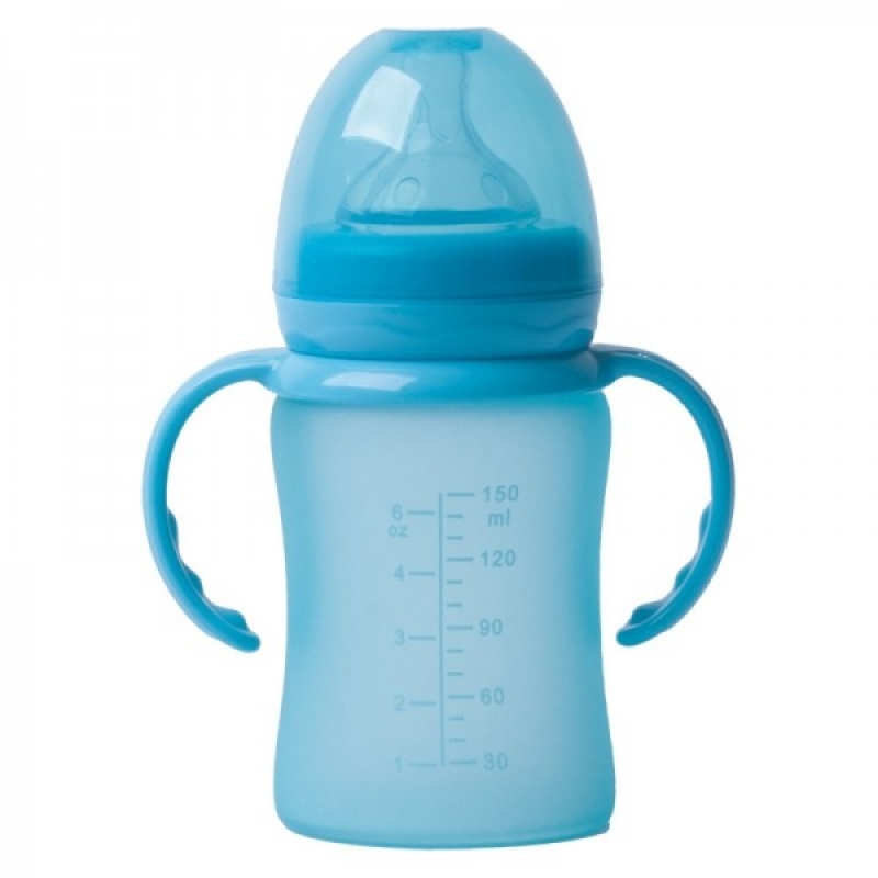 BO Jungle Biberon termo din sticla acoperita de silicon cu indicator de temperatura Bo Jungle 150 ml albastru