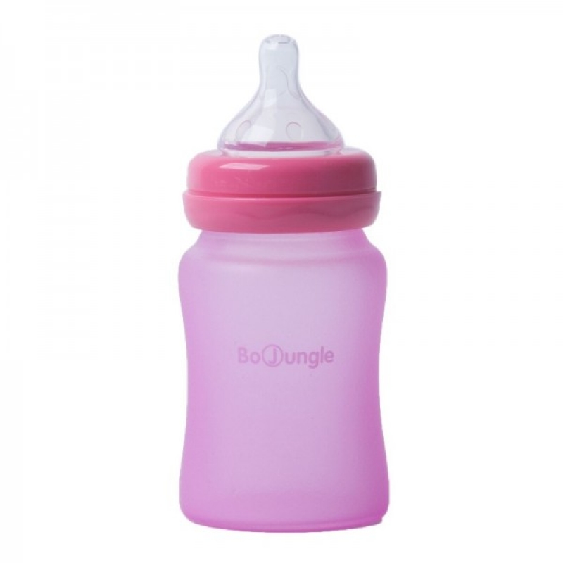 BO Jungle Biberon termo din sticla acoperita de silicon cu indicator de temperatura Bo Jungle 150 ml roz