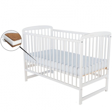 BabyNeeds Patut din lemn Ola 120x60 cm Alb + Saltea 10 cm