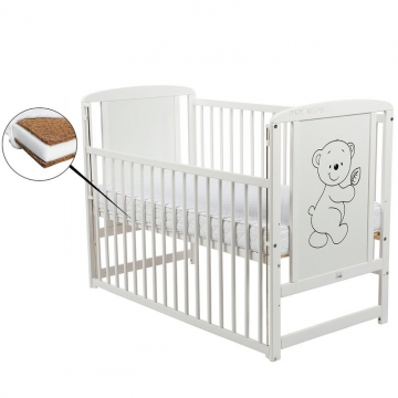 BabyNeeds Patut din lemn Timmi 120x60 cm cu laterala culisanta Alb + Saltea 10 cm