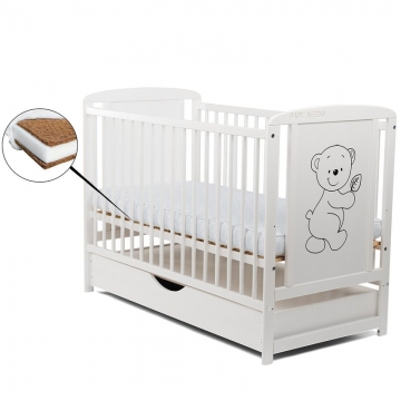 BabyNeeds Patut din lemn Timmi 120x60 cm cu sertar Alb + Saltea 10 cm