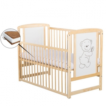BabyNeeds Patut din lemn Timmi 120x60 cm cu laterala culisanta Natur + Saltea 10 cm