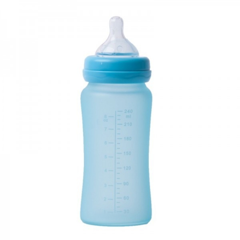 BO Jungle Biberon termo din sticla acoperita de silicon cu indicator de temperatura Bo Jungle 300 ml albastru