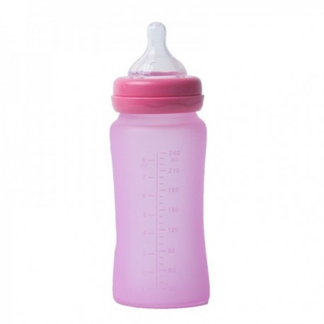 BO Jungle Biberon termo din sticla acoperita de silicon cu indicator de temperatura Bo Jungle 300 ml Roz
