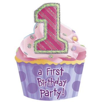 Invitatii de petrecere 1st birthday fetita, amscan 493897, set 8 buc